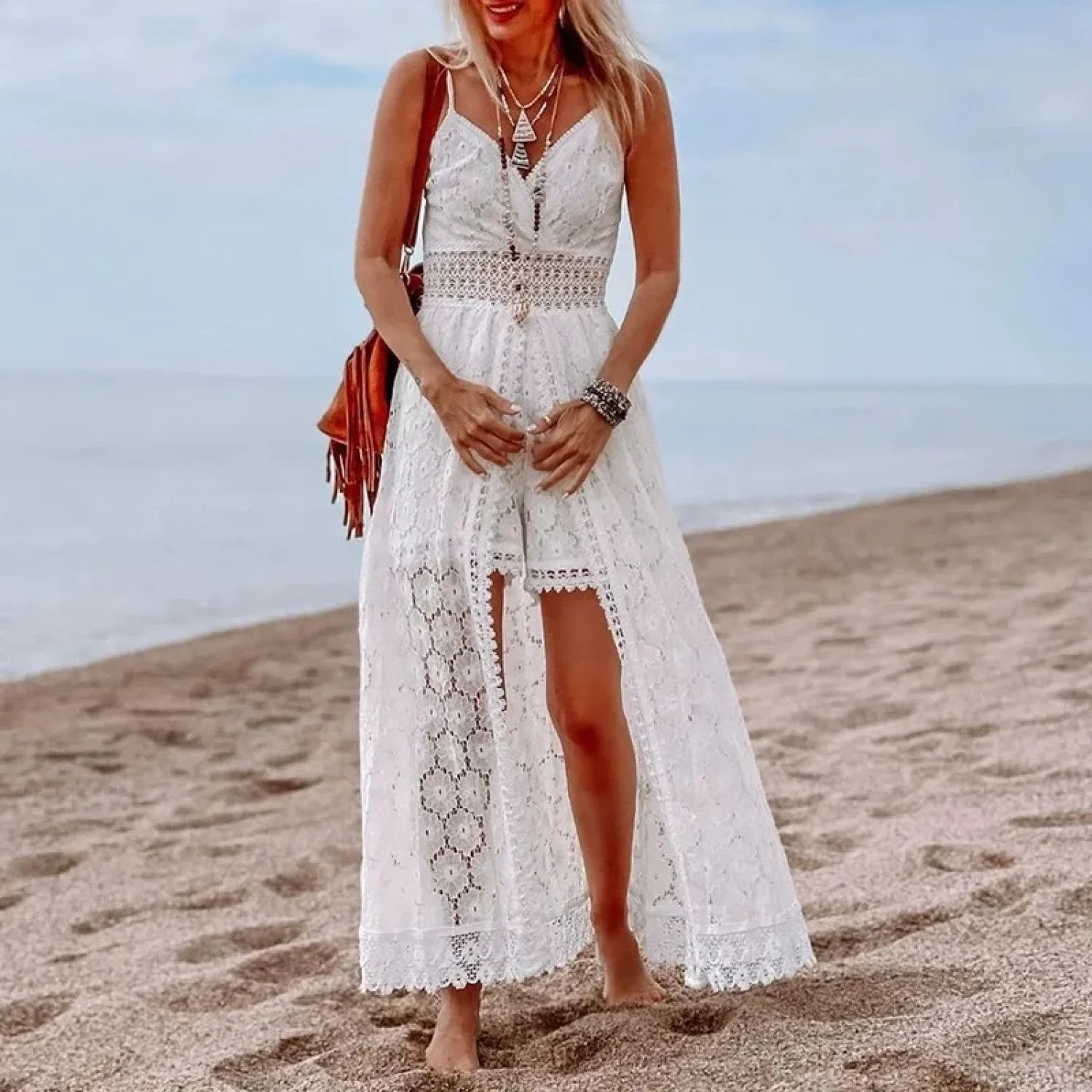 White Hollow Out Lace Strapless Sexy Split Midi Boho Dress bohodress-250126