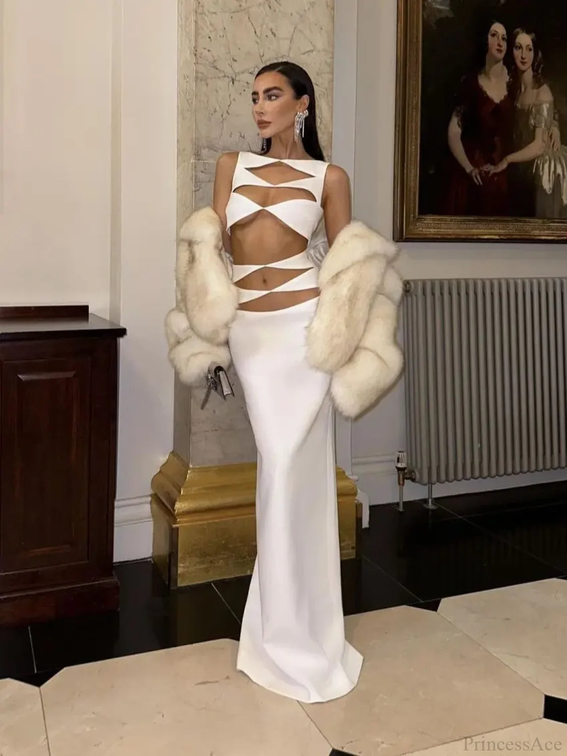 White Hollow Out Sleeveless Party Dress Partydress-241208