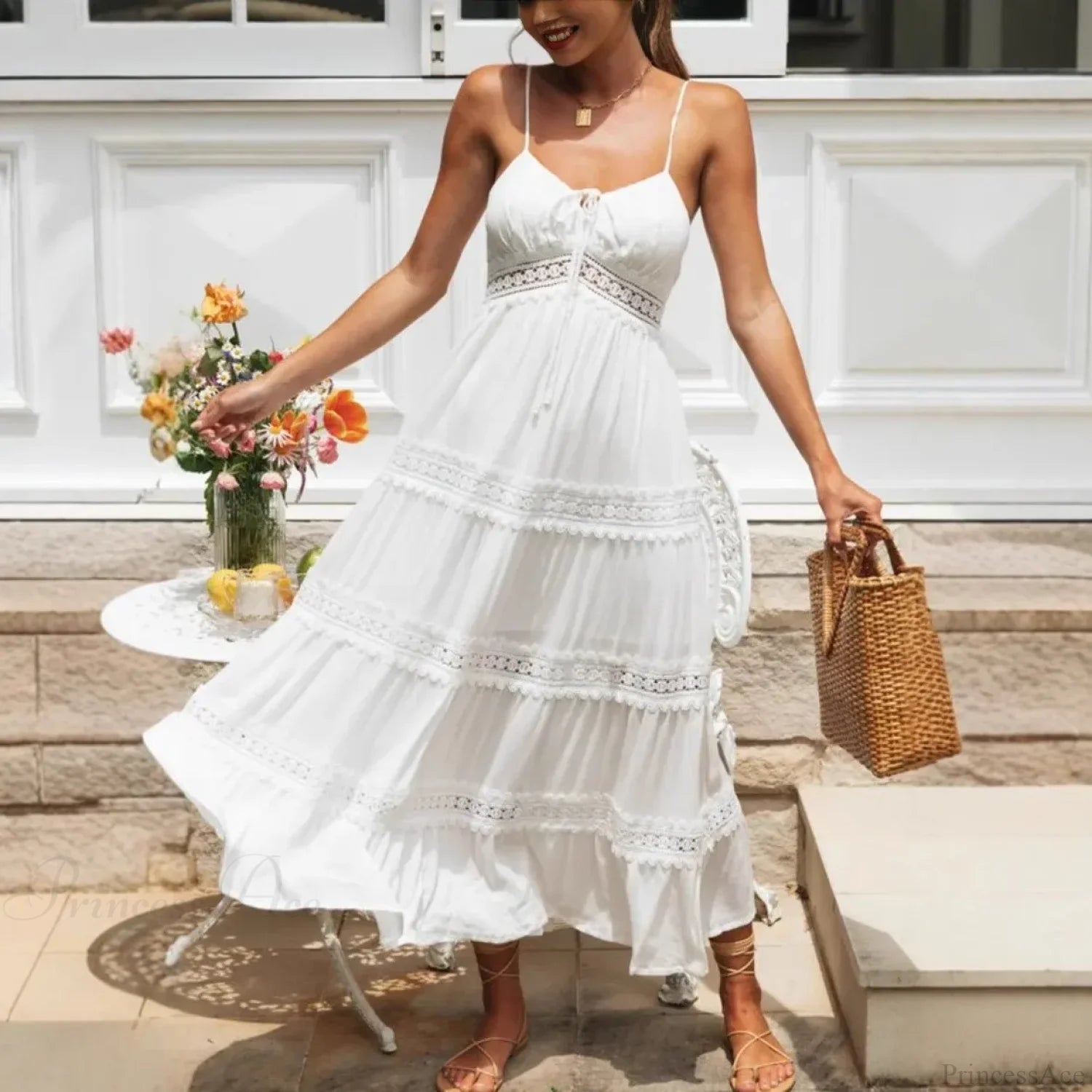 White Hollow Out Strapless Split Sleeveless Maxi Boho Dress bohodress-250126