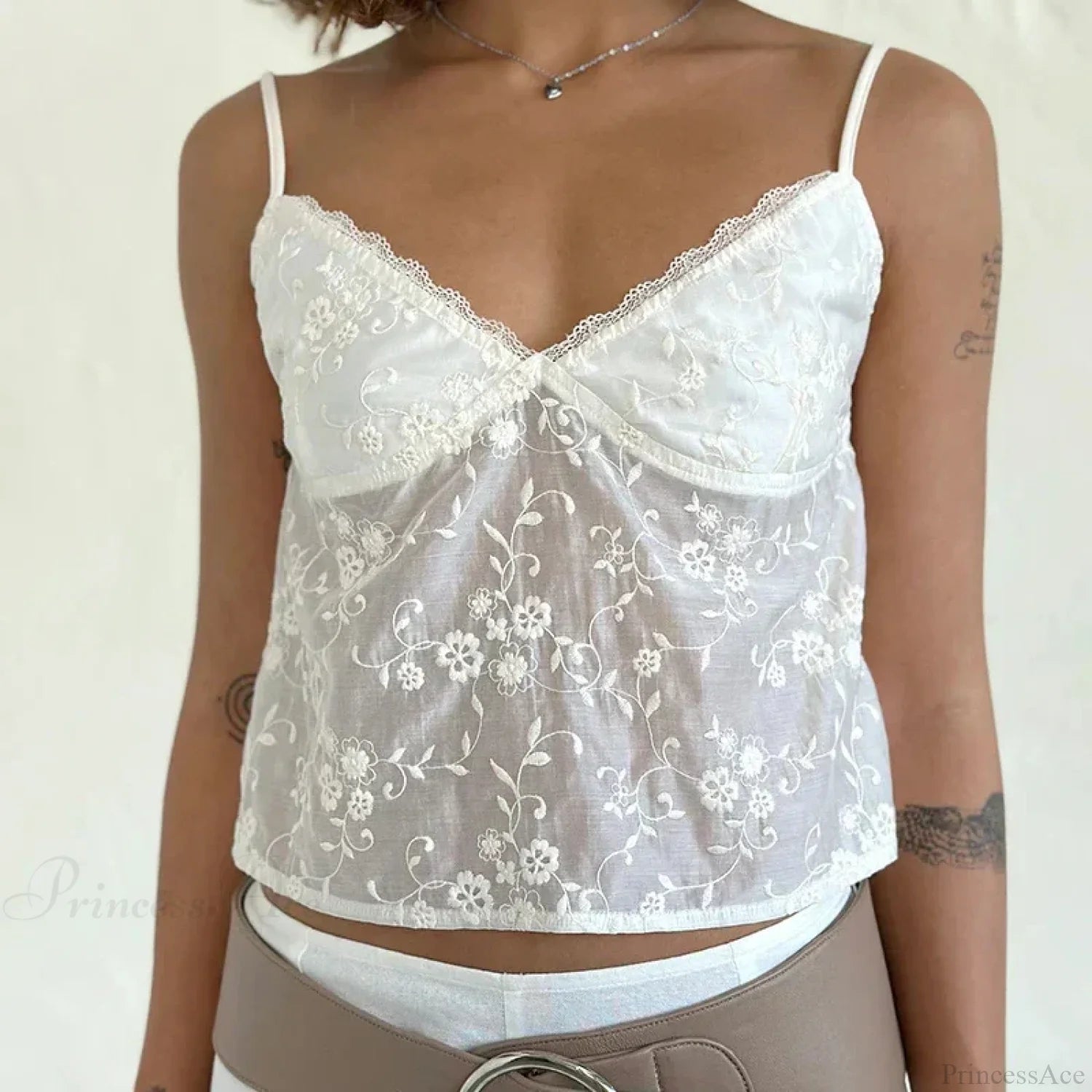 White Jacquard Floral Lace Trim V Neck Kawaii Fairycore 00s Y2K Camisole Crop Top croptop-250126