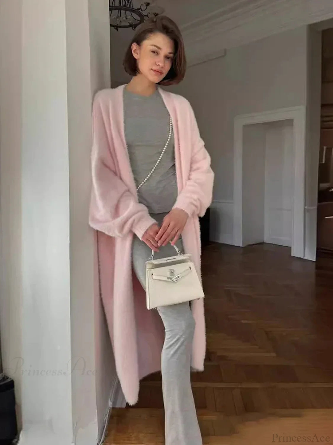 White Knitted Belted Fashion Cardigan Pink / S