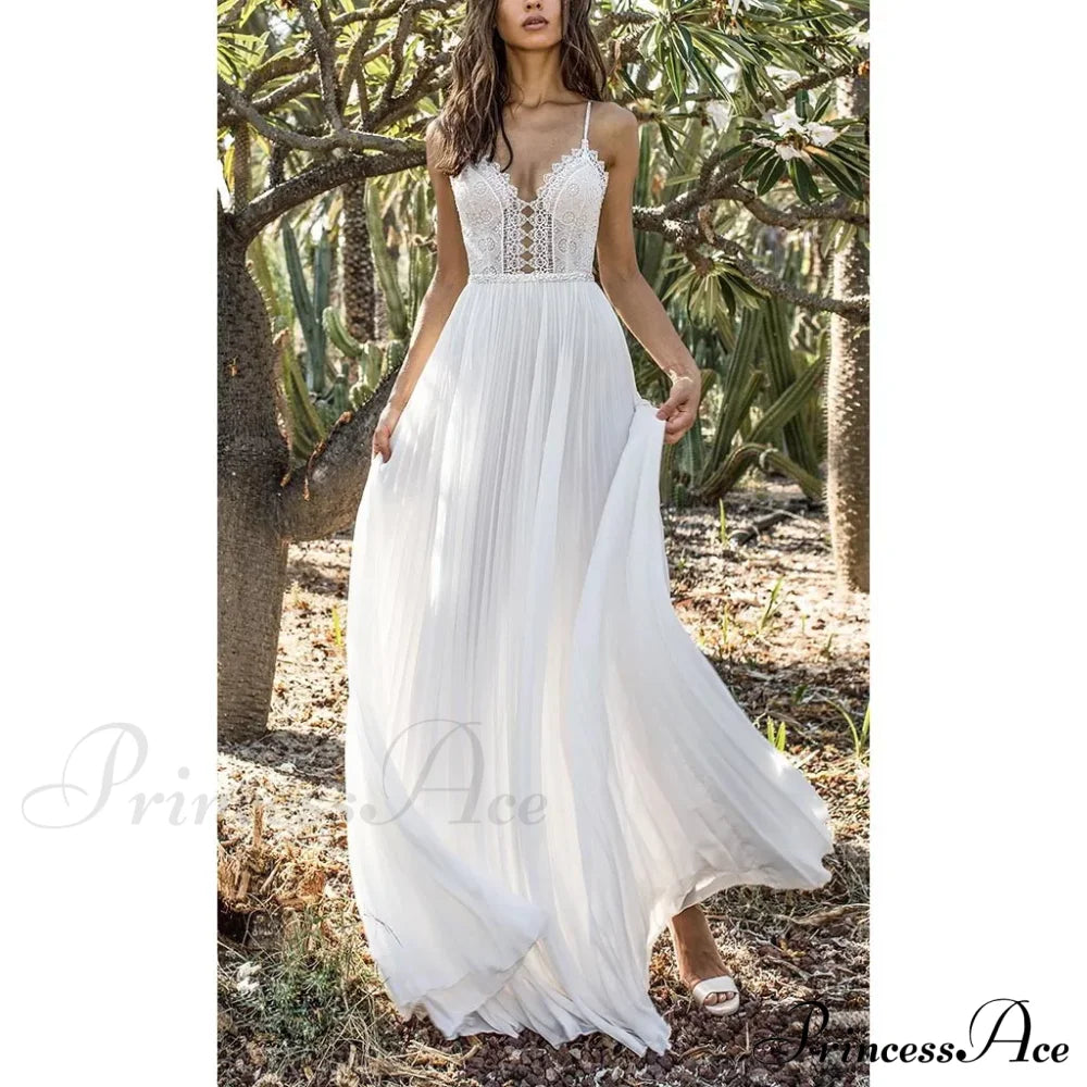 White Lace Maxi V-Neck Slim Sleeveless Boho Dress / M