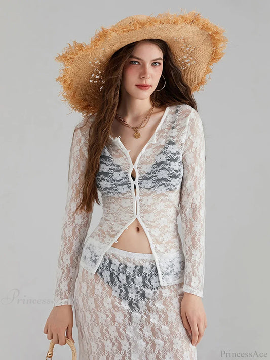 White Lace Mesh Long Sleeve Button-Down Floral Skirt Set floraldress-250126