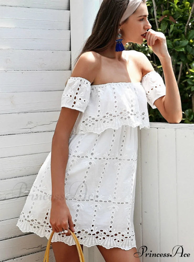 White Lace Off Shoulder Dress With Hollow Out Detail For Women Dresses