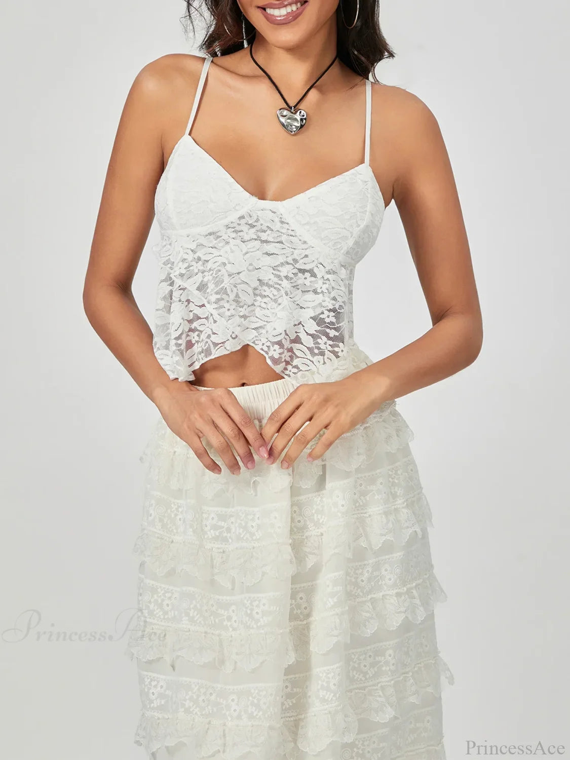 White Lace Spaghetti Strap Wrap Hem Slip Camisole Top croptop-250126