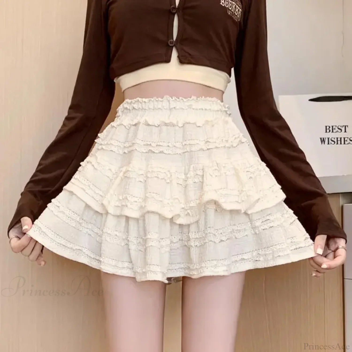 White Lace Spring Cake Skirt apricot / S skirts-250223