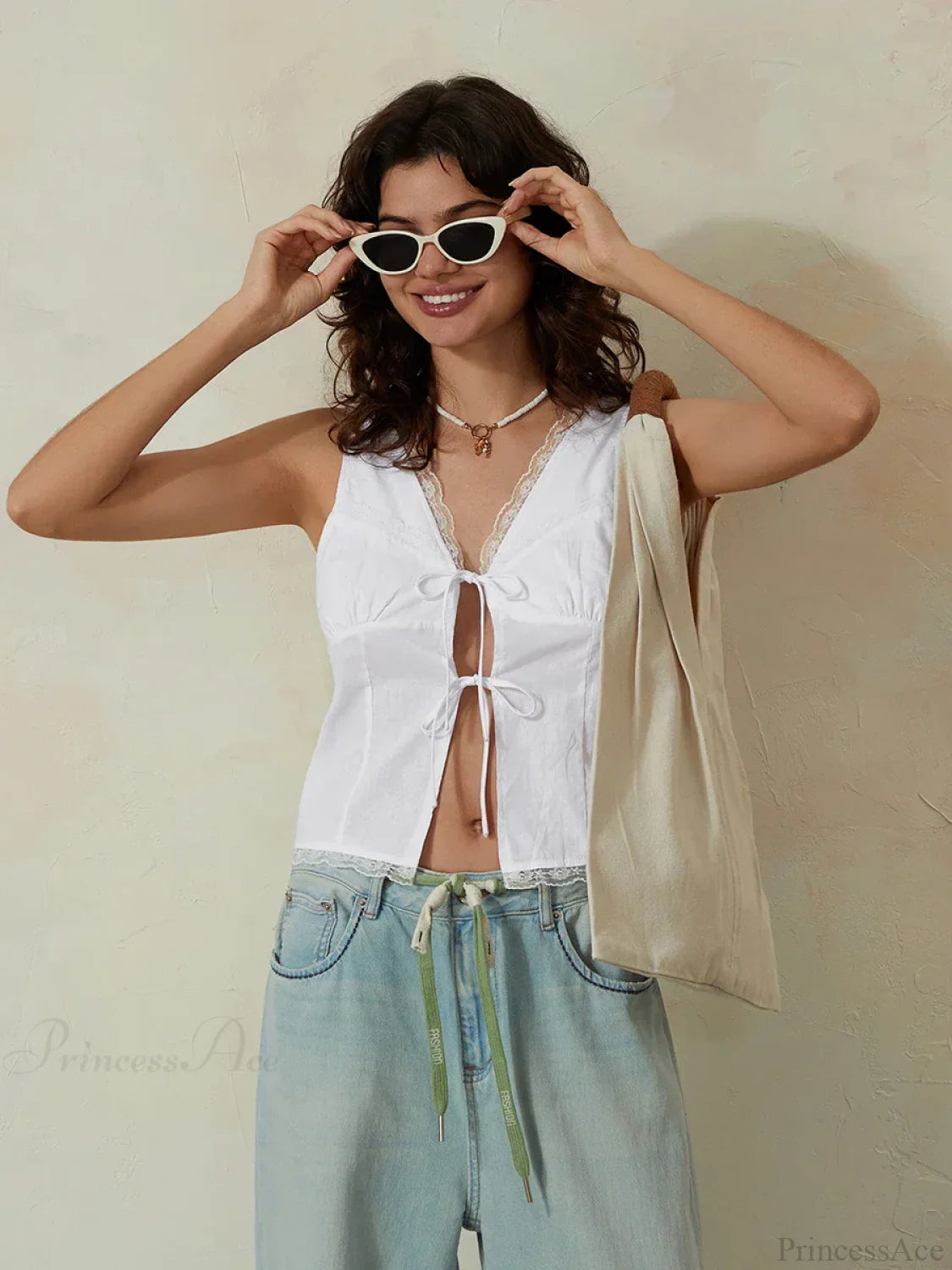 White Lace Tie-front V-neck Slim Sleeveless Crop Top croptop-250126