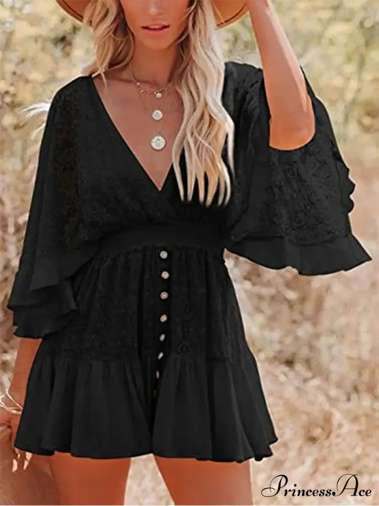 White Lace V Neck Ruffles Mini Dress