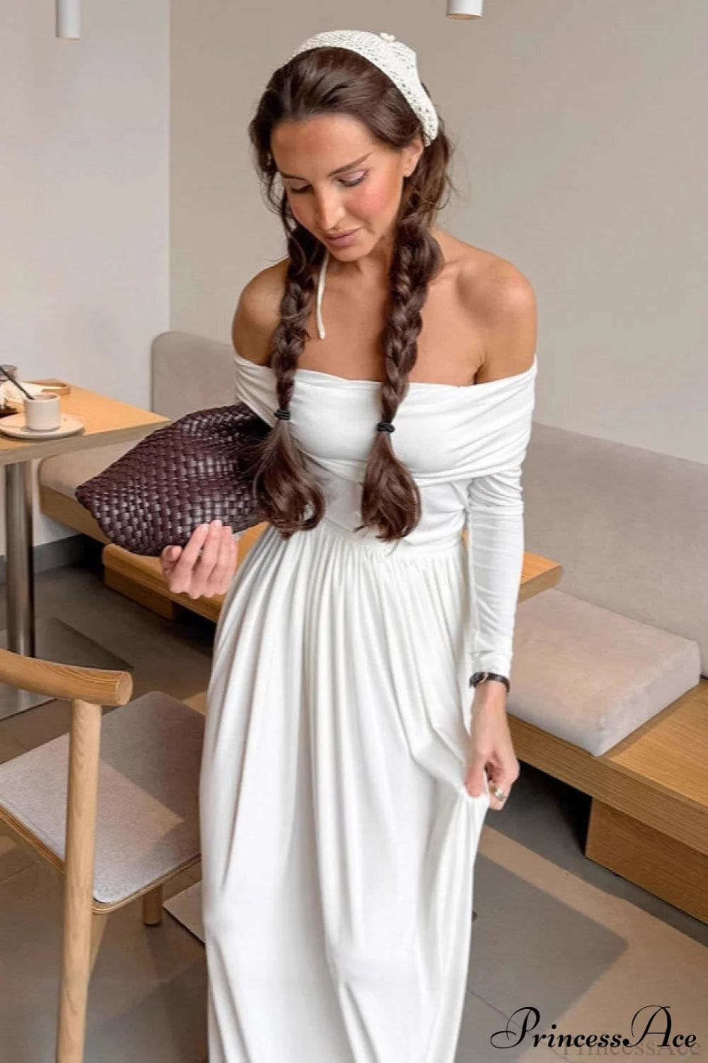 White Long Sleeve Off Shoulder Strapless Maxi Dress White / S