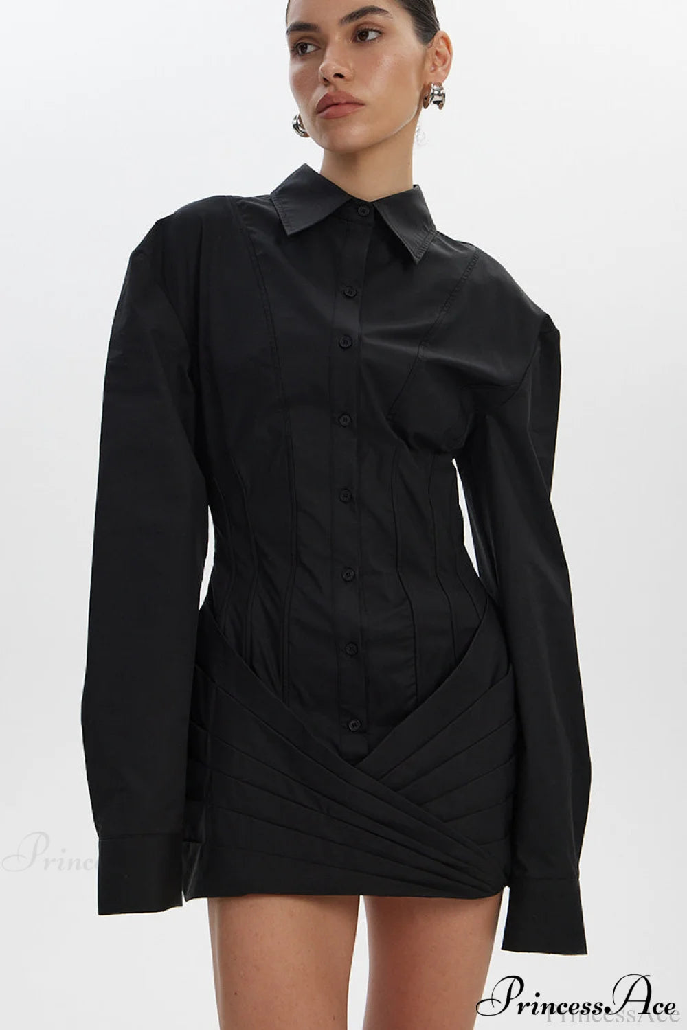 White Long Sleeve Tie Waist Fitted Mini Dress Black / S