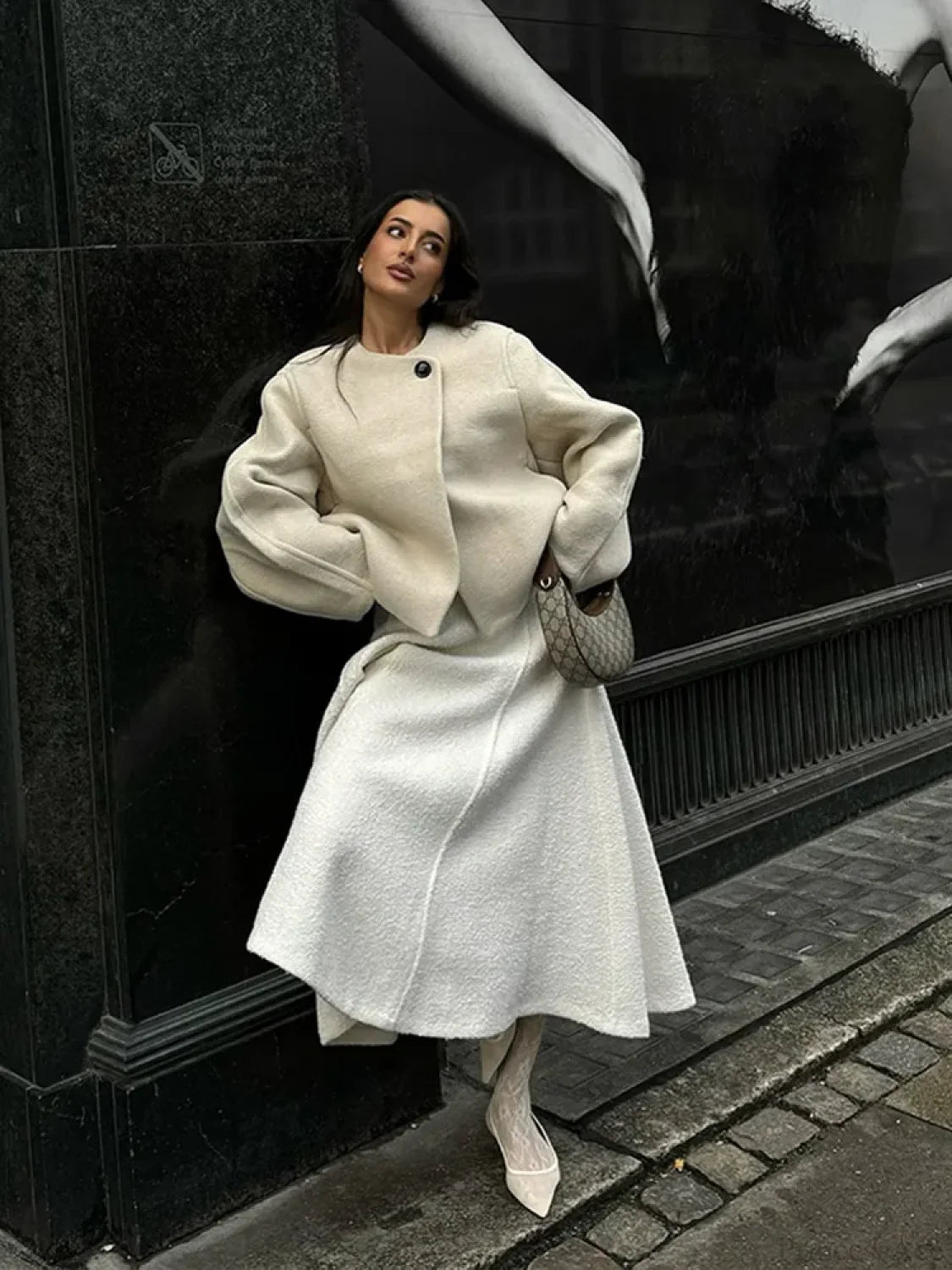 White Long Sleeve Woolen Coat