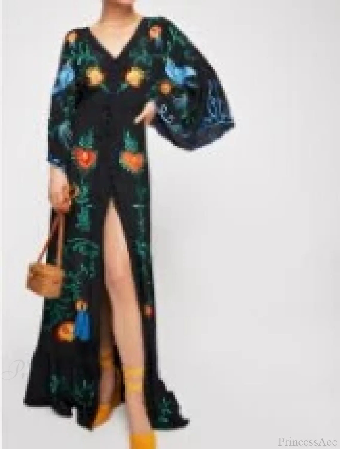 White Maxi Dress Cotton Floral Embroidery Sexy V-neck Beach Dress Black / S bohodress-250126