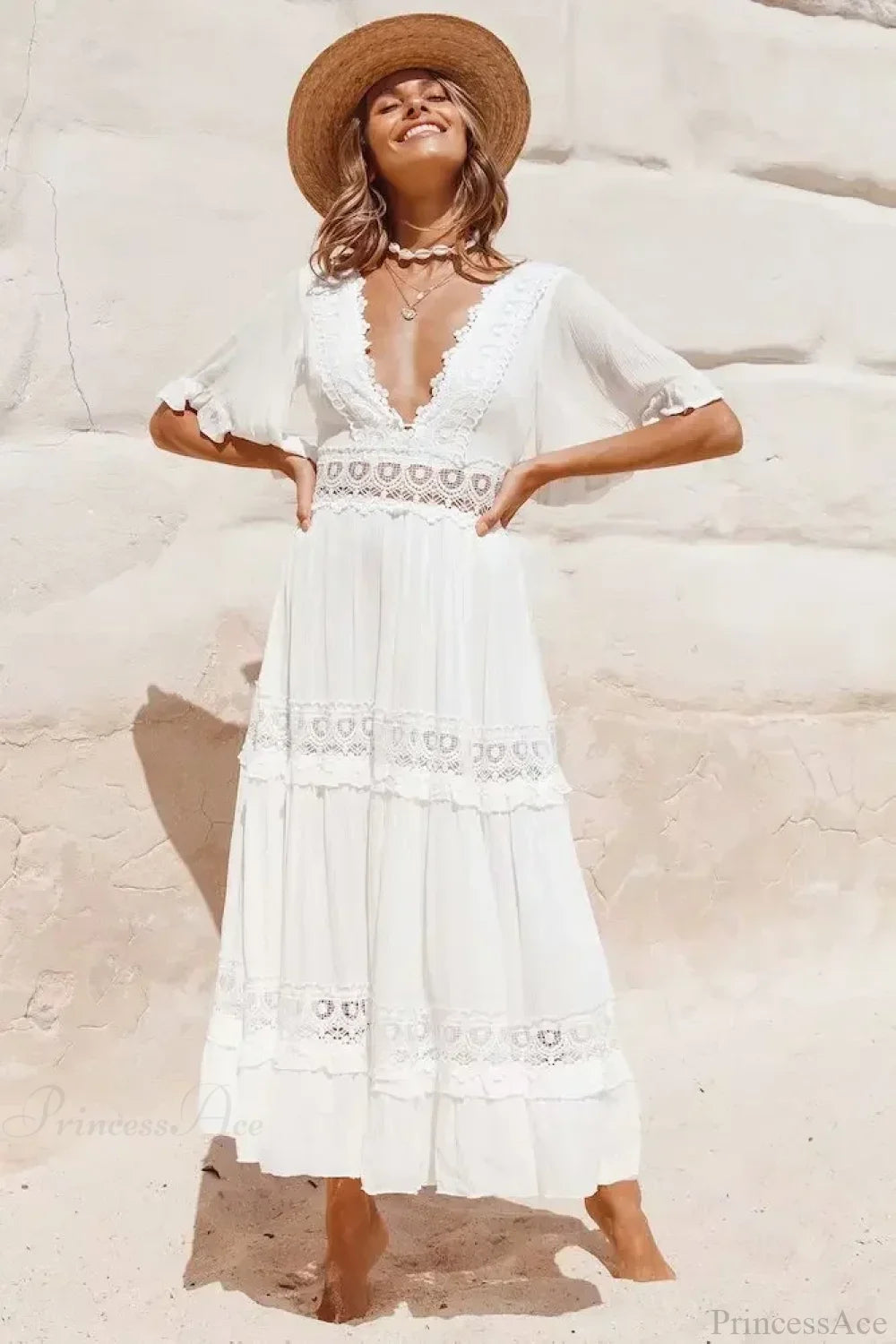 White Maxi Dress Hollow Waist Deep V-neck Dress bohodress-250126