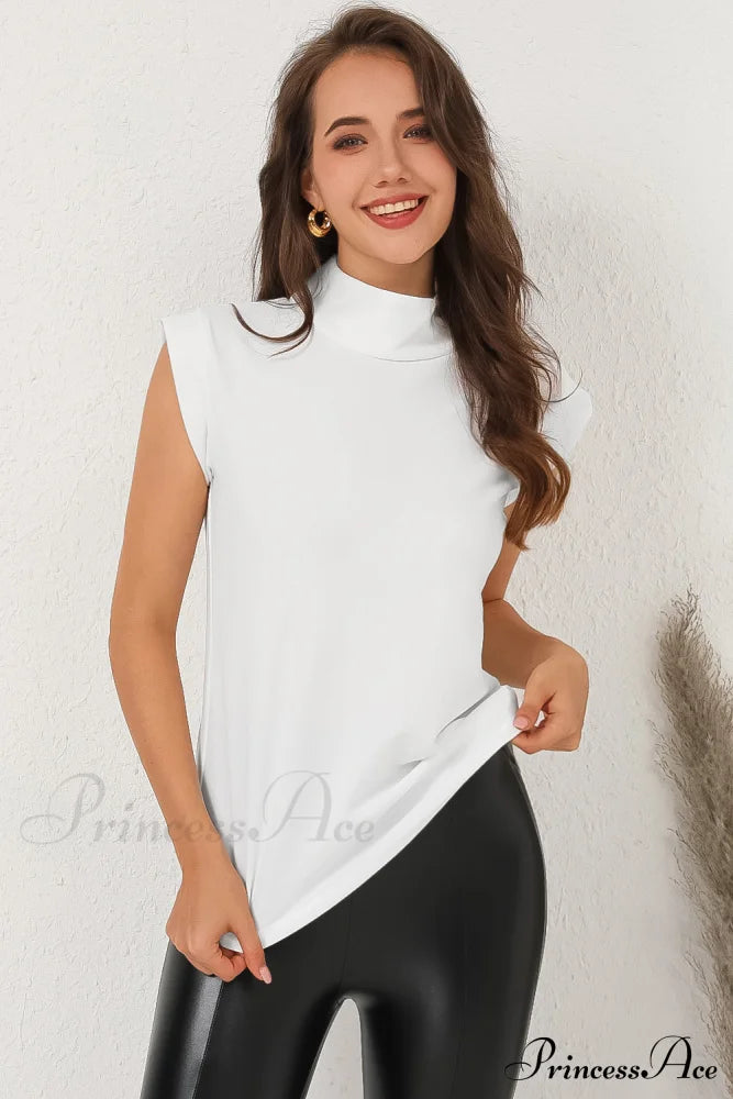 White Mock Sleeveless Solid Neck Top Tops