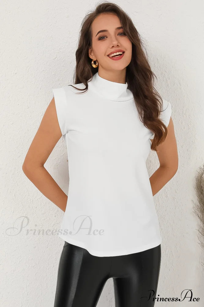 White Mock Sleeveless Solid Neck Top Tops