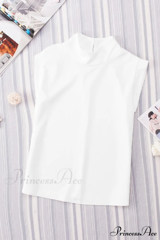 White Mock Sleeveless Solid Neck Top Tops