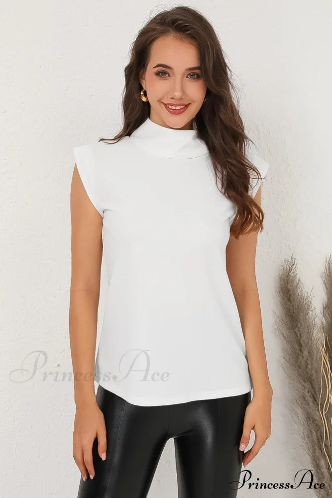 White Mock Sleeveless Solid Neck Top Tops