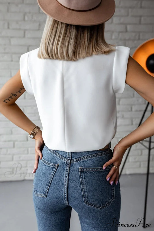 White Mock Sleeveless Solid Neck Top Tops