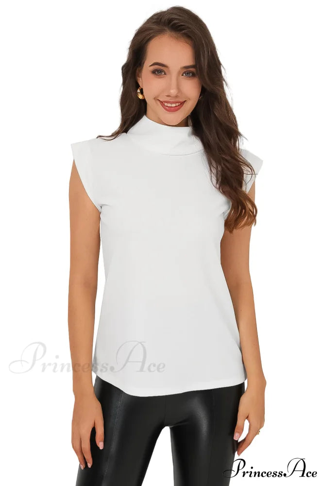 White Mock Sleeveless Solid Neck Top Tops