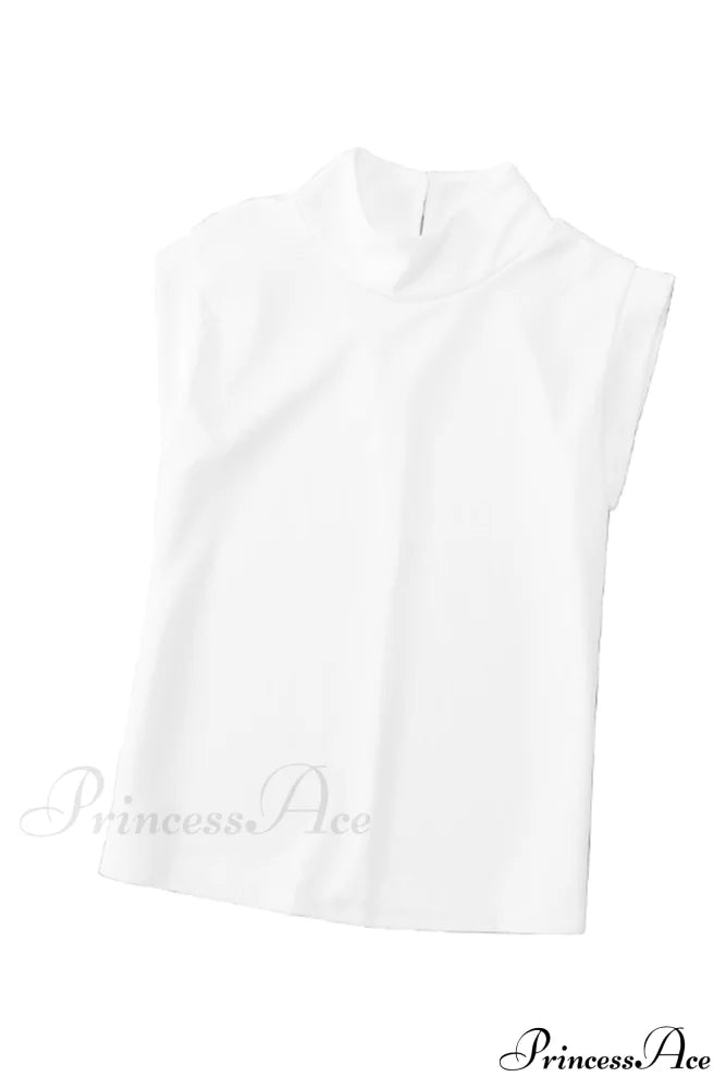 White Mock Sleeveless Solid Neck Top Tops