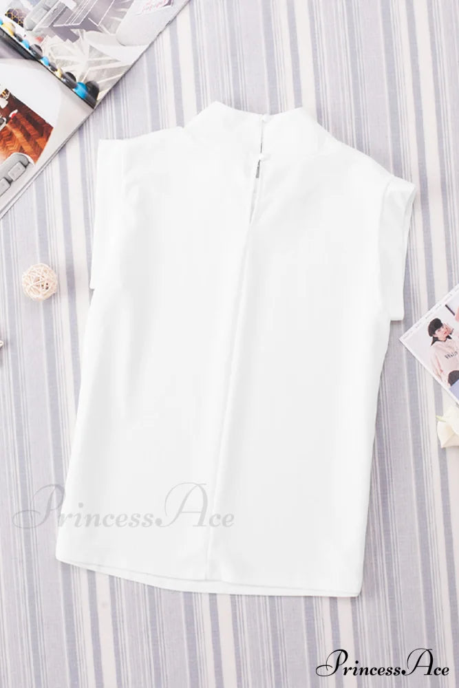 White Mock Sleeveless Solid Neck Top Tops