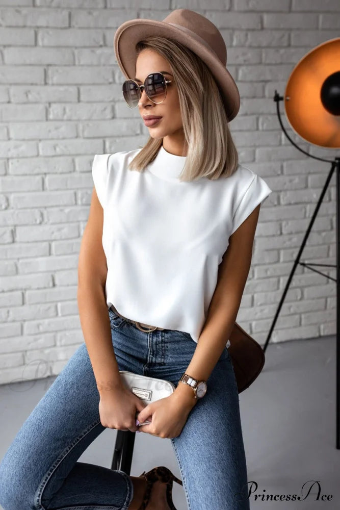 White Mock Sleeveless Solid Neck Top Tops