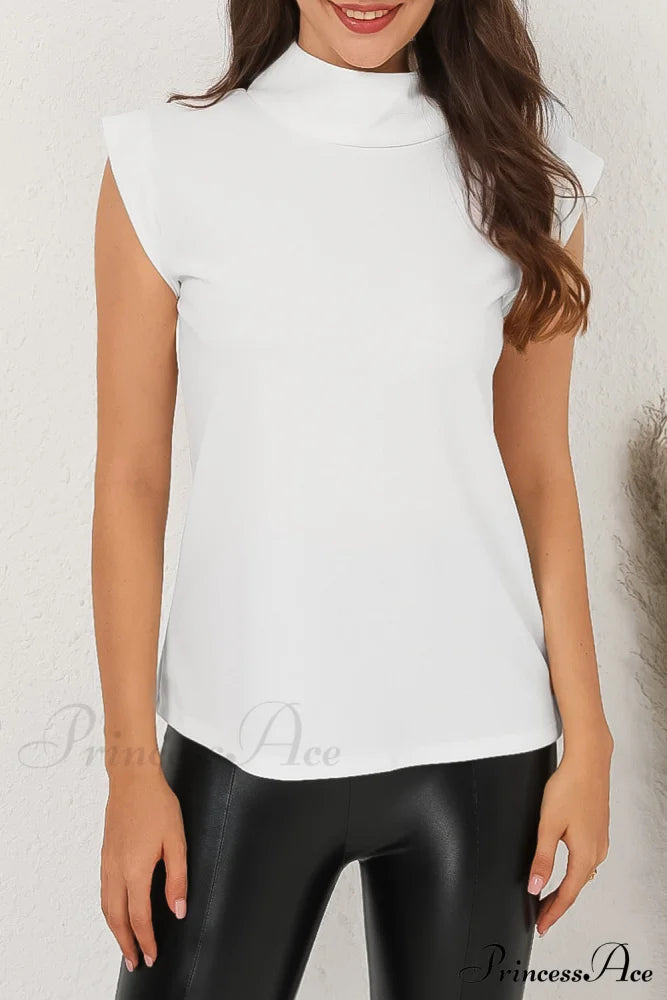 White Mock Sleeveless Solid Neck Top Tops