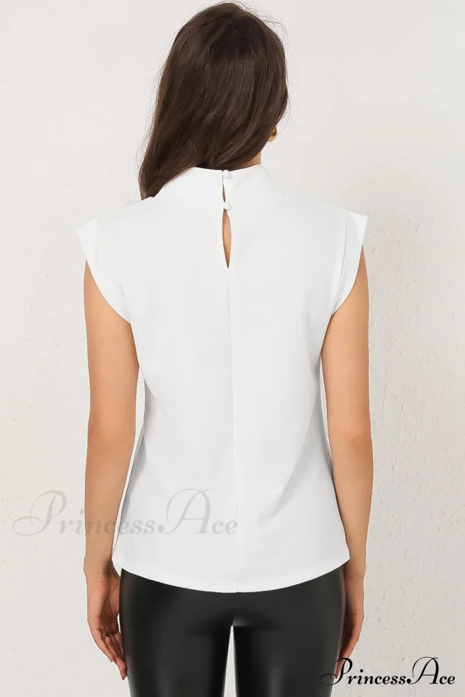 White Mock Sleeveless Solid Neck Top Tops