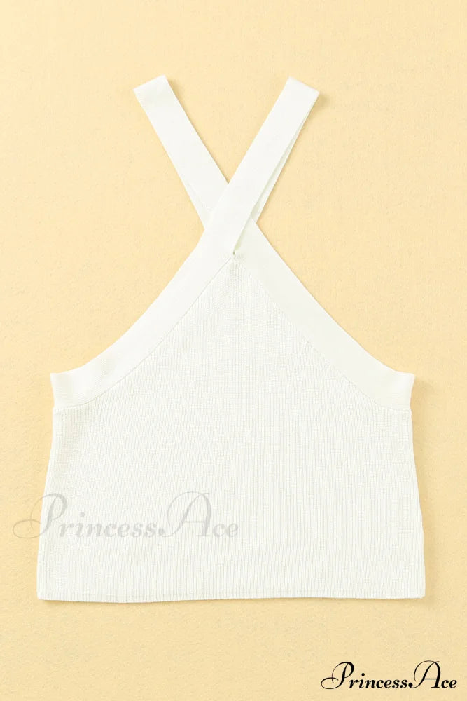 White Neck Knit Ribbed Halter Tank Cross Criss Top Tops