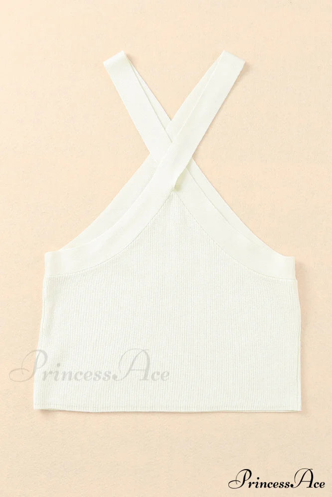 White Neck Knit Ribbed Halter Tank Cross Criss Top Tops