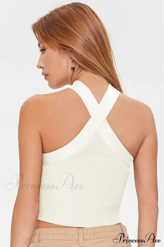 White Neck Knit Ribbed Halter Tank Cross Criss Top Tops