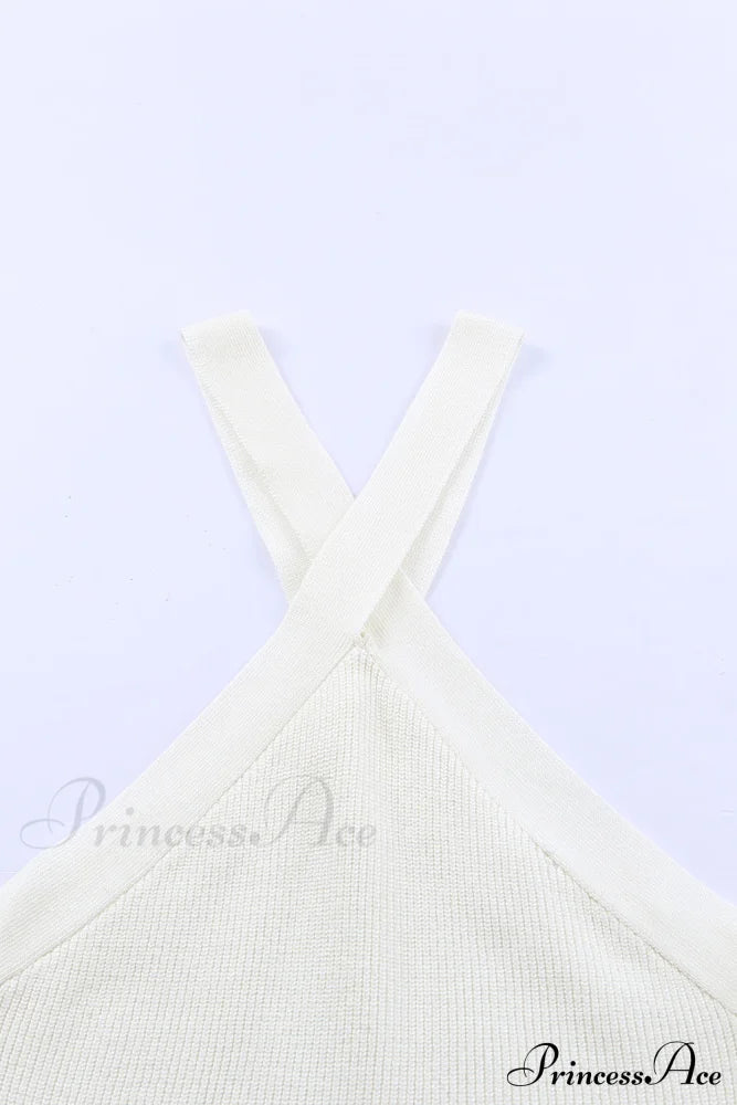 White Neck Knit Ribbed Halter Tank Cross Criss Top Tops