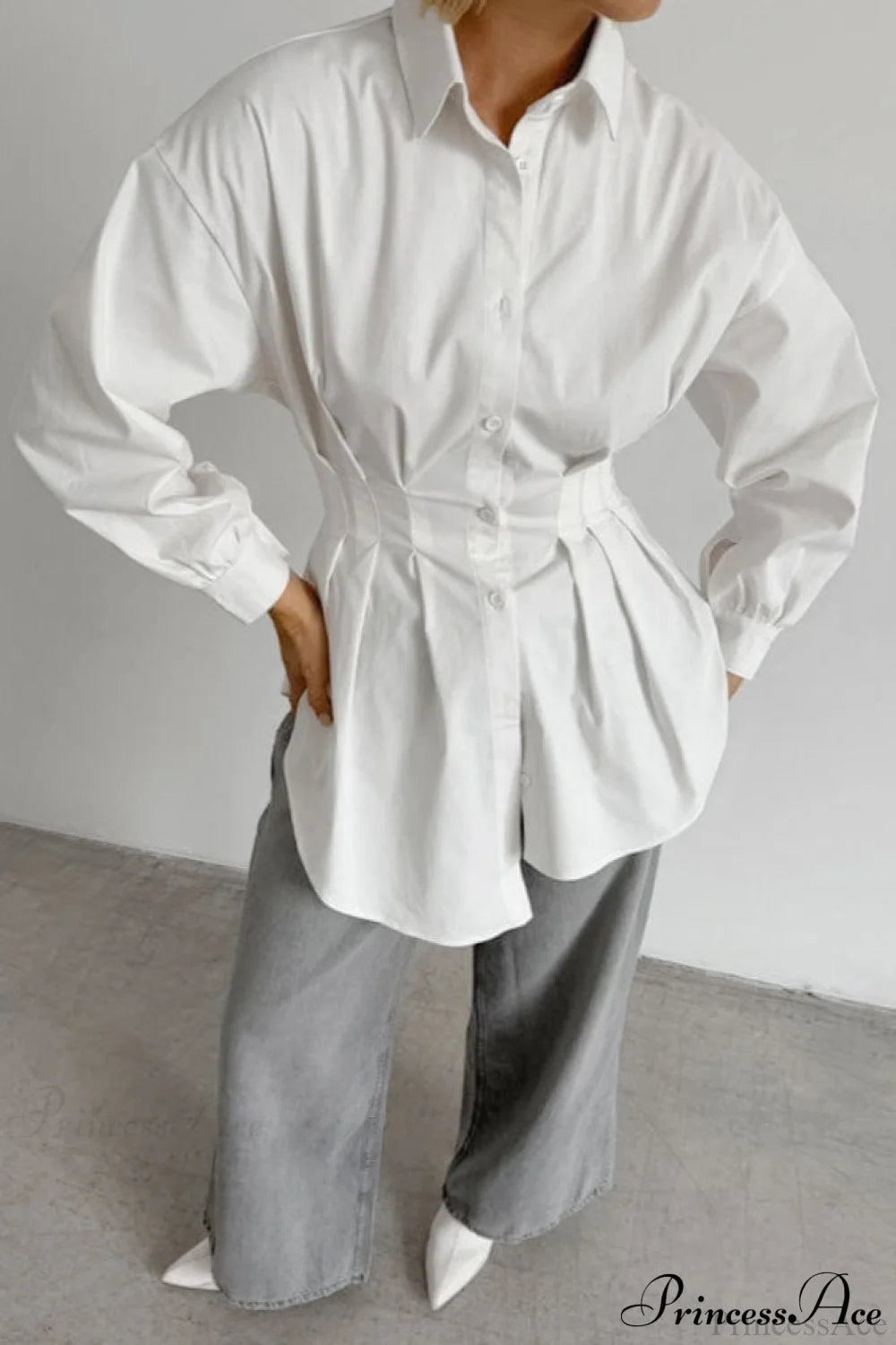 White Pleated Waist Slim Blouse