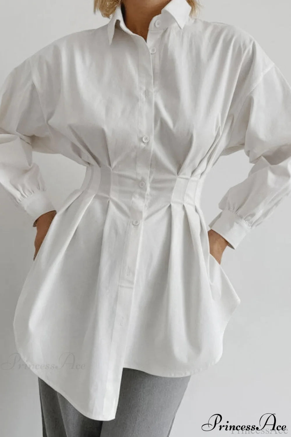 White Pleated Waist Slim Blouse