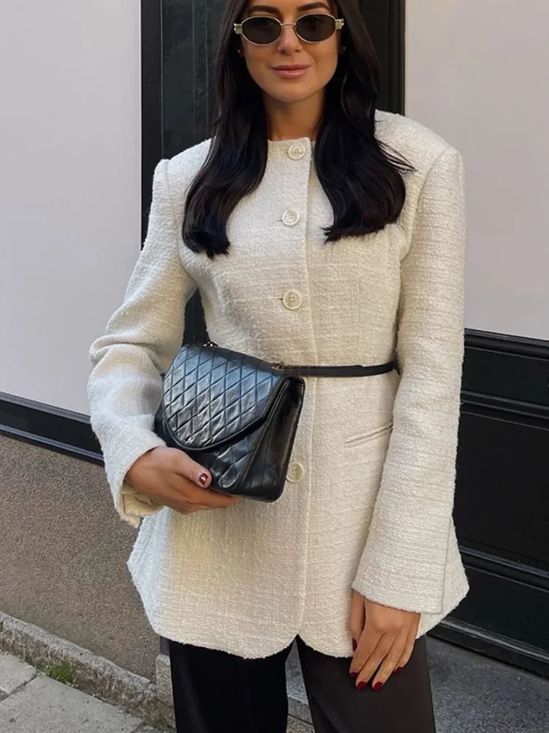 White Round Neck Single Breasted Coat