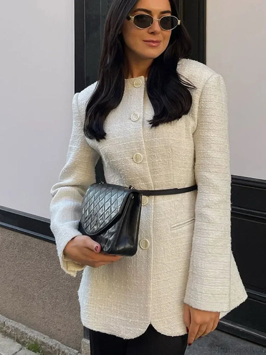 White Round Neck Single Breasted Coat Beige / S