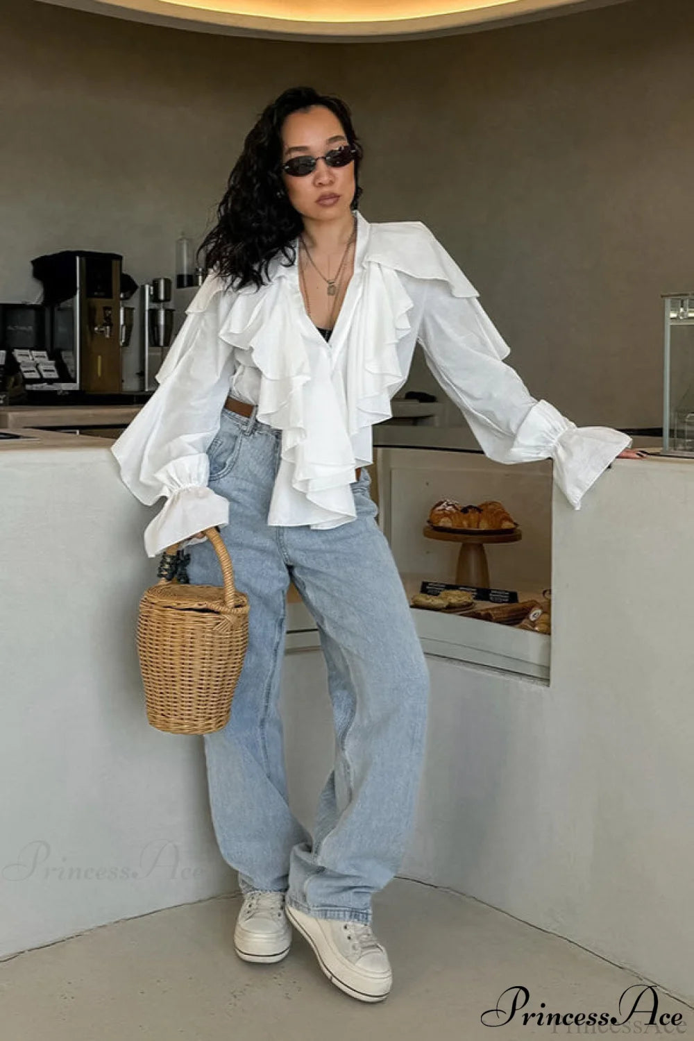 White Ruffled V Neck Flared Sleeve Blouse White / S