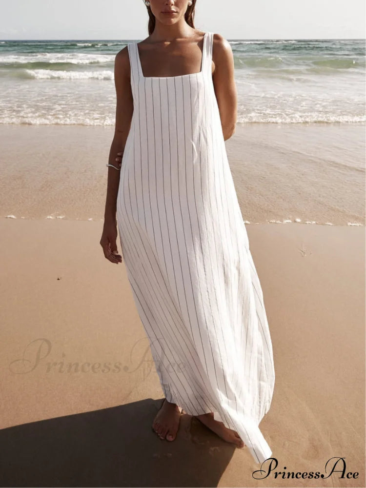 White With Charcoal Charming Pinstripe Maxi Dress / L Dresses