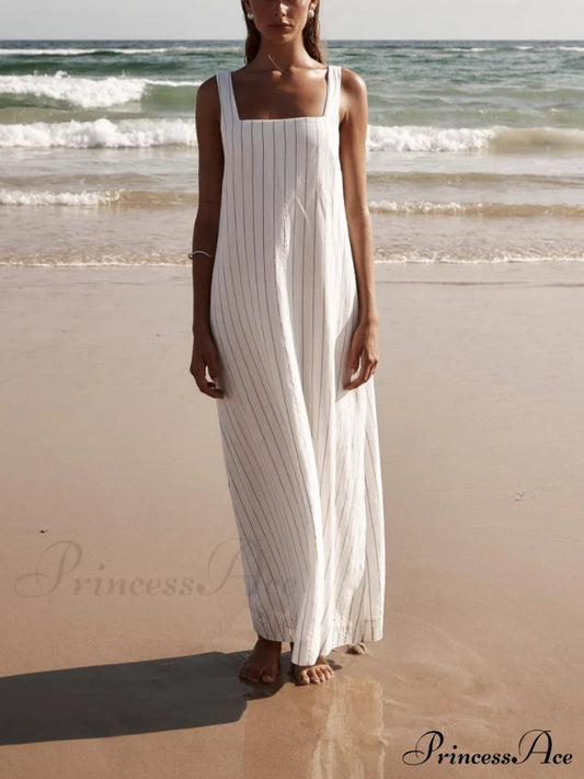 White With Charcoal Charming Pinstripe Maxi Dress / M Dresses