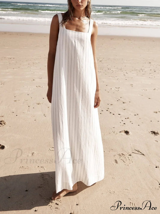 White With Charcoal Charming Pinstripe Maxi Dress / S Dresses