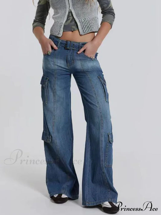 Wide Leg High Waist Patchwork Baggy Cargo Streetwear Y2K Vintage Denim Jean Stylish Loose Solid