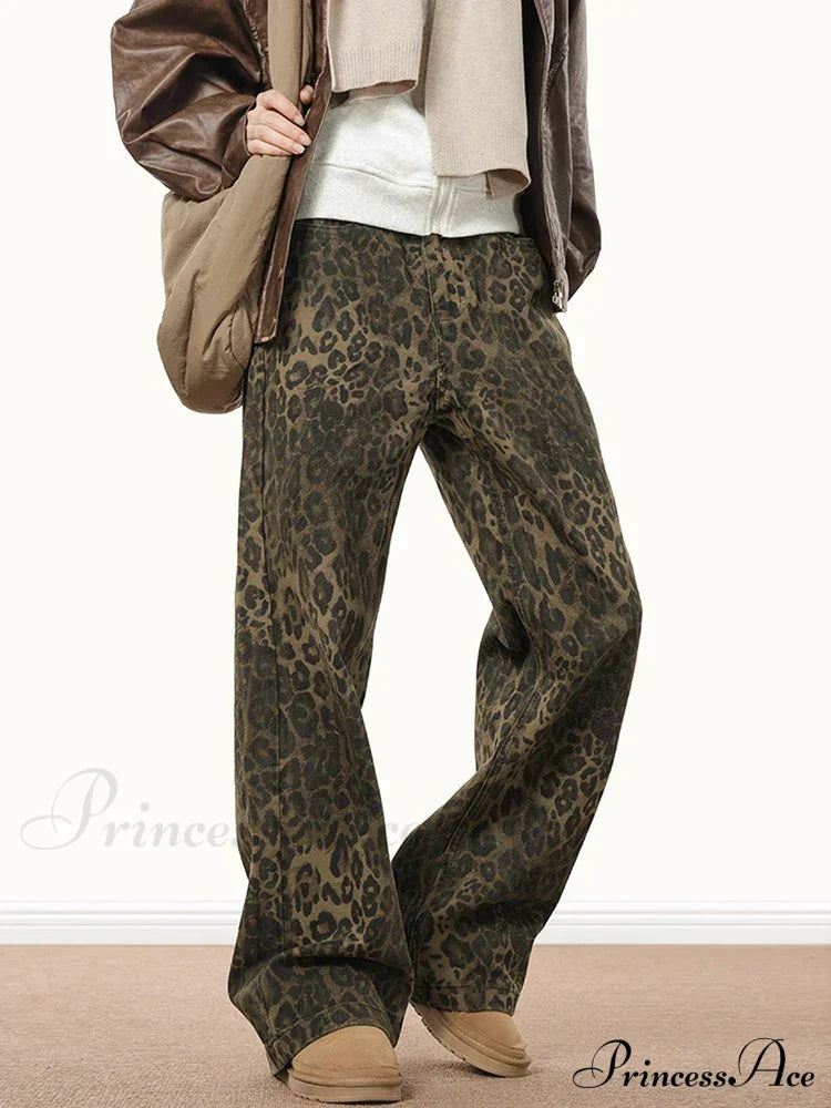 Wide Leg Leopard Print Women 2024 Y2K High Waisted Fashion Streetwear Retro Denim Baggy Casual