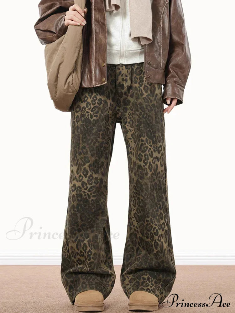 Wide Leg Leopard Print Women 2024 Y2K High Waisted Fashion Streetwear Retro Denim Baggy Casual