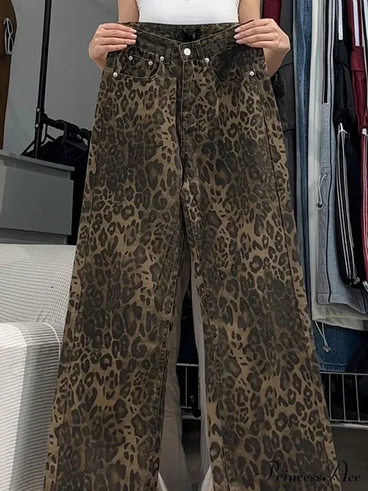 Wide Leg Leopard Print Women High Waisted 2024 Y2K Fashion Streetwear Retro Denim Baggy Casual