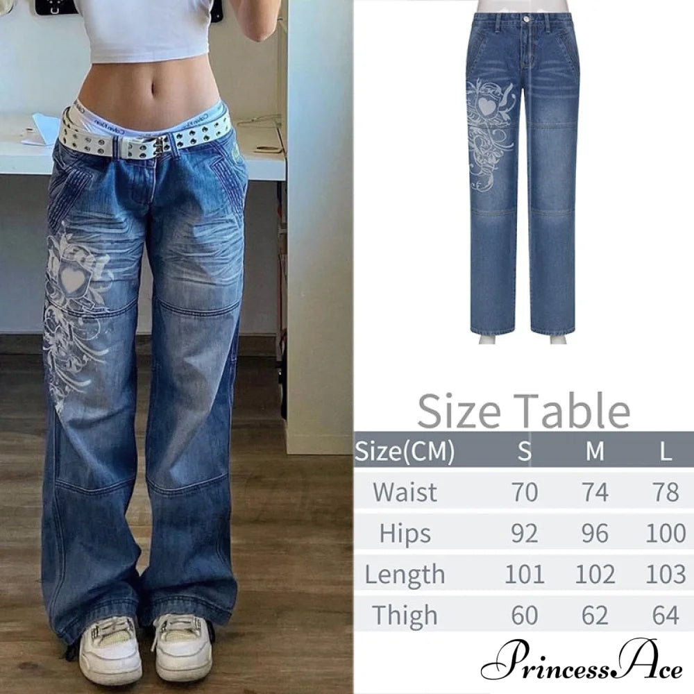 Wide Leg Oversize Y2K Patterned Baggy Winter Cargo Casual Jeans Low Autumn Waist Women’s Trousers
