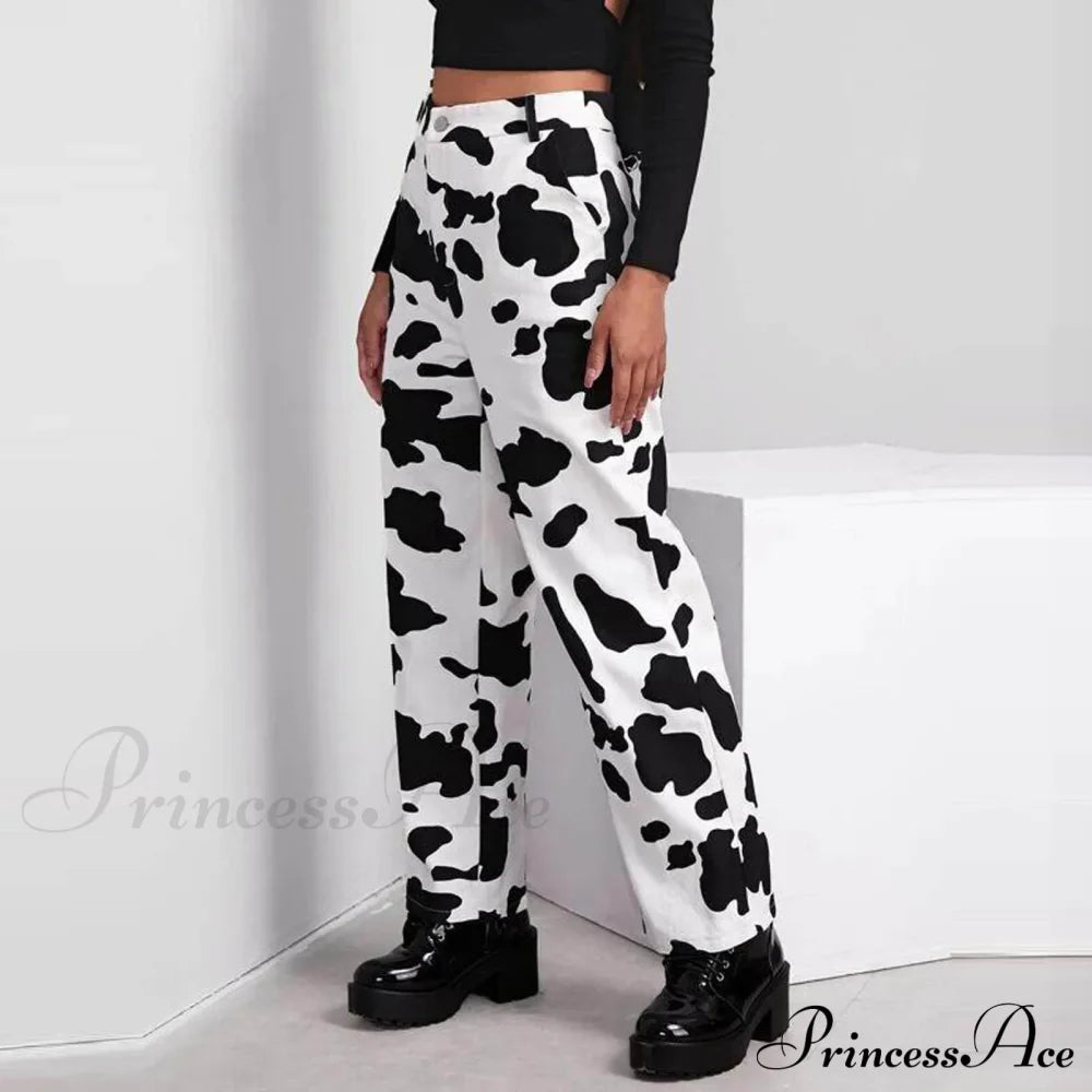 Wide Leg Waist White Cow Print Jeans