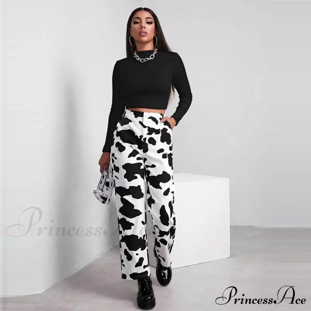 Wide Leg Waist White Cow Print Jeans