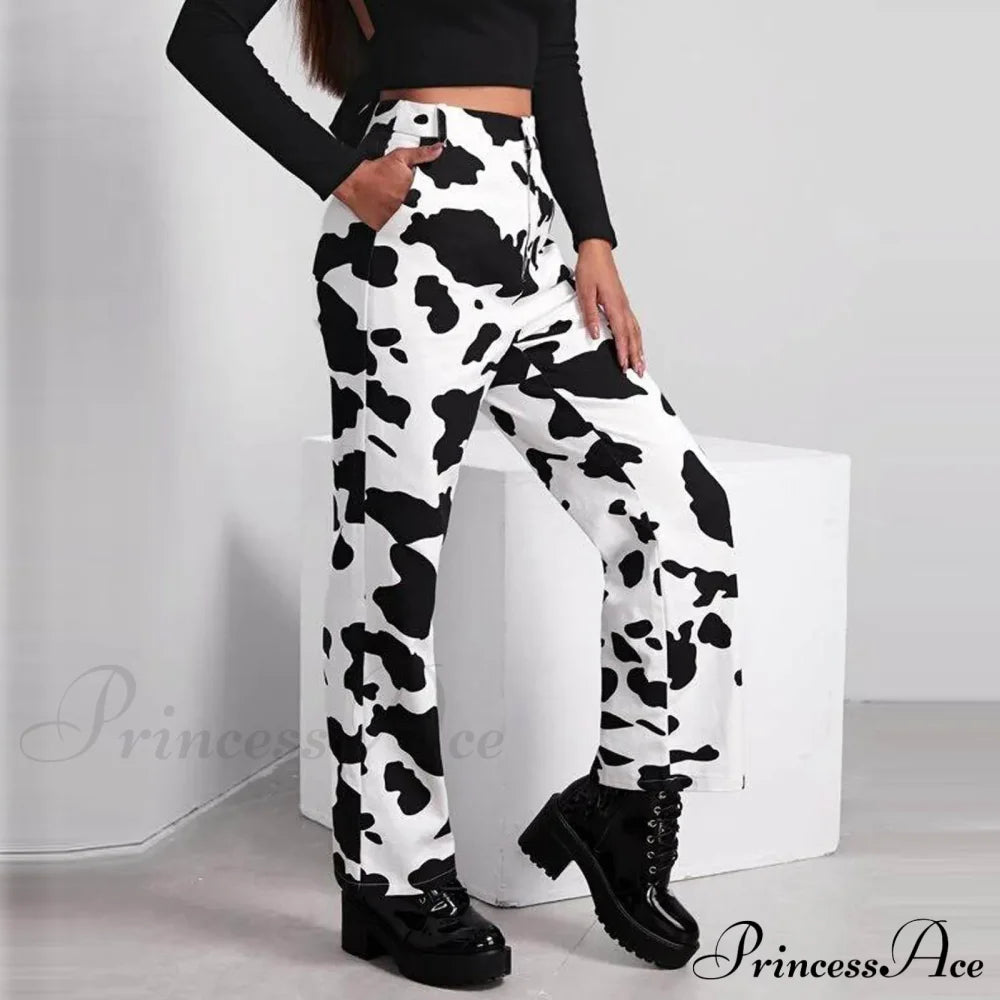 Wide Leg Waist White Cow Print Jeans / Xs