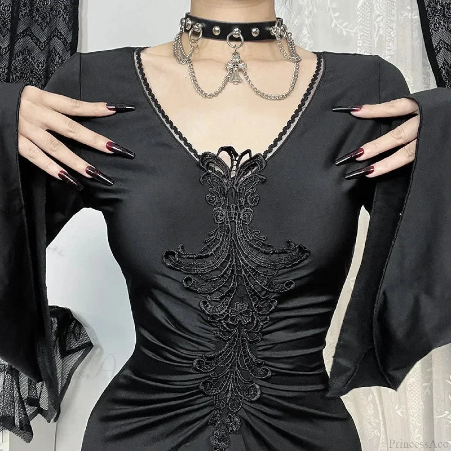 Wide Sleeve Sorceress Plunging Neckline Full-Length Gown