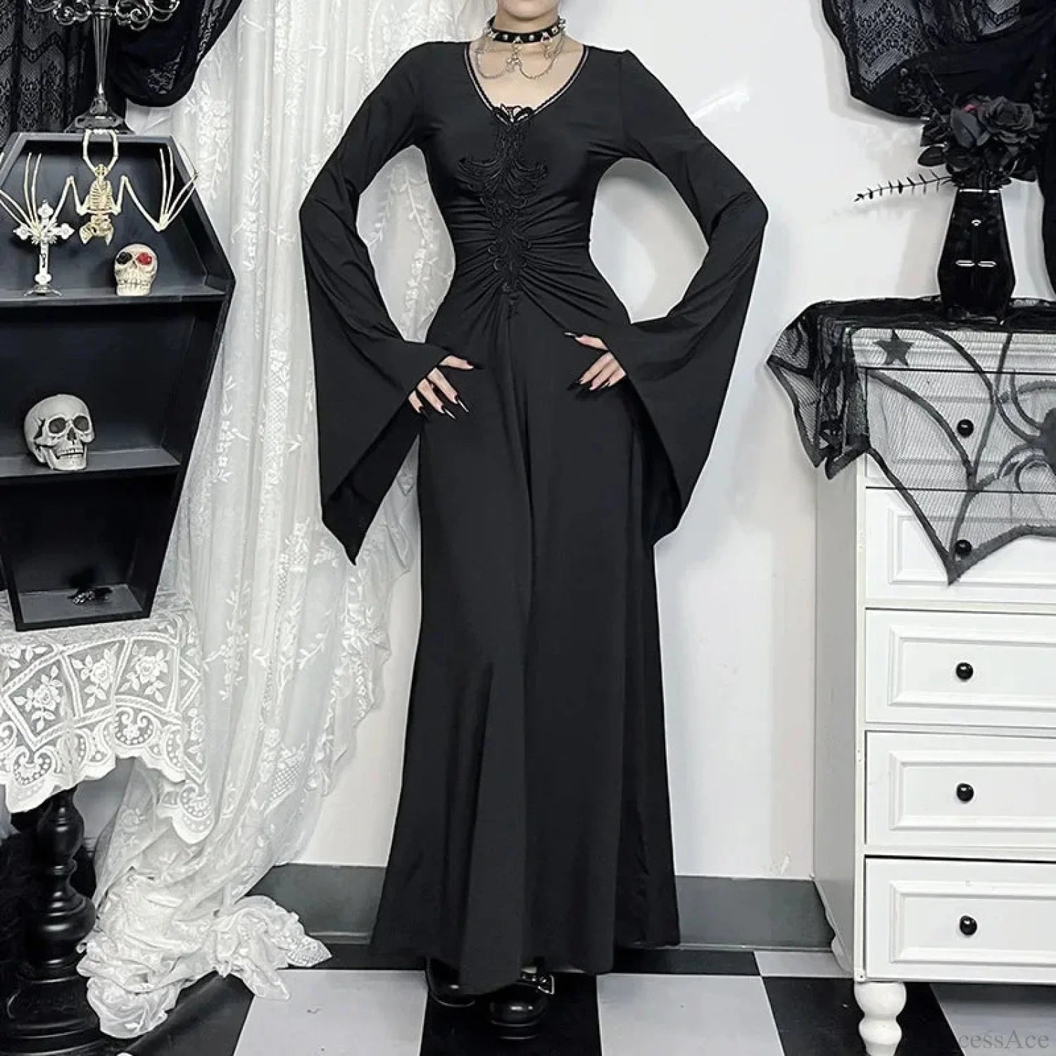 Wide Sleeve Sorceress Plunging Neckline Full-Length Gown